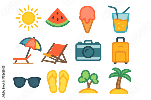 Summer vacation travel icon set. Flat design vector collection. Beach holiday elements. Sun, ice cream, drink, camera, luggage, palm tree, sunglasses, watermelon, flip flops.