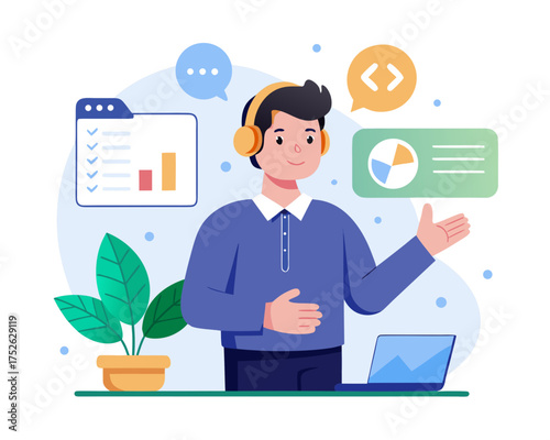 Male character listening to a business explanation icon on white background