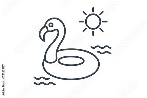 Summer pool float icon, inflatable flamingo swim ring, thin line editable stroke vector illustration for vacation, leisure, relaxation, swimming, sunny holidays, water fun