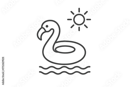 Summer pool float icon, inflatable flamingo swim ring with thin line editable stroke, vacation leisure relaxation vector, sunny holiday swimming fun illustration