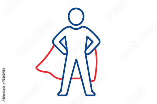 Superhero standing with hands on hips wearing red cape vector icon, symbolizing strength, protection, heroism, leadership, charisma, success, and willpower in blue and red thin line style