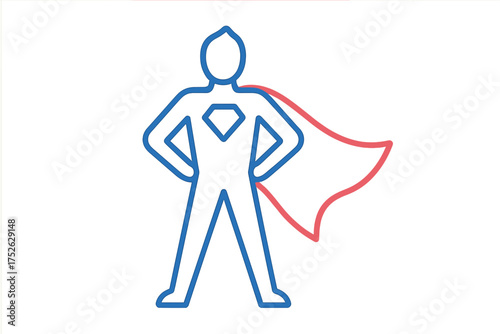 Powerful superhero silhouette with hands on hips and flowing cape, symbolizing strength, protection, heroism, leadership, charisma, success, and willpower in sleek blue and red vector outline design