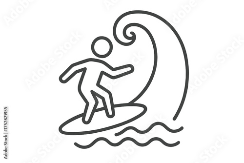 Surfing icon thin line editable stroke vector illustration for beach water sport, wave riding, ocean lifestyle, coastal vacation, surfing adventure, summer activity design