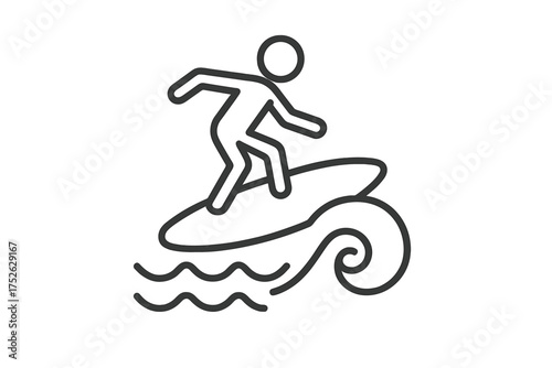 Surfing icon, thin line editable stroke illustration of beach sport, wave riding on ocean waves, coastal lifestyle, summer beach adventure, vacation water sport vector