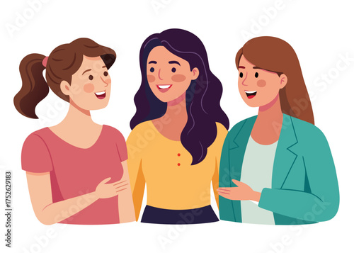 Young women chatting joyfully in a friendly conversation scene on white background