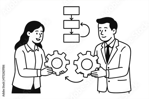 Teamwork concept with business partnership, cooperation, and workflow collaboration, woman and man holding gears, flat outline design, vector illustration of teamwork process