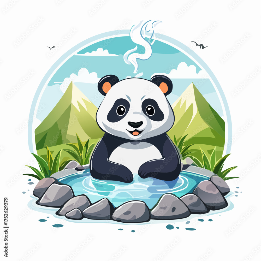 Fototapeta premium Adorable Panda Enjoying a Relaxing Soak in a Hot Spring, Surrounded by Nature