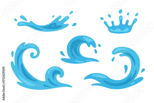 Water splash set vector graphic elements in flat design, bundle of different curled waves, liquid flow, pure splashing swirl aqua motion, crown splash with spray droplets