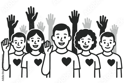 Volunteers and charity work concept with raised helping hands, smiling diverse people ready to help and contribute, community support and teamwork vector illustration