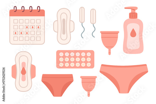 Women’s menstrual hygiene and health set, period care essentials with tampons, pads, menstrual cups, calendar tracking, birth control pills, intimate gel, and comfortable underwear flat design