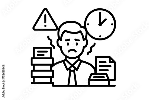 Work overload icon with thin line vector illustration showing task pressure, deadlines, workplace stress, overwhelmed employee, document piles, urgent time management concept