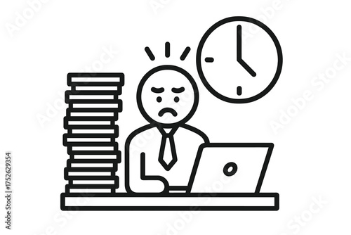 Work overload icon with stressed office worker, task pressure, deadlines, workplace stress concept, business fatigue illustration, laptop and clock timer symbol, deadline anxiety