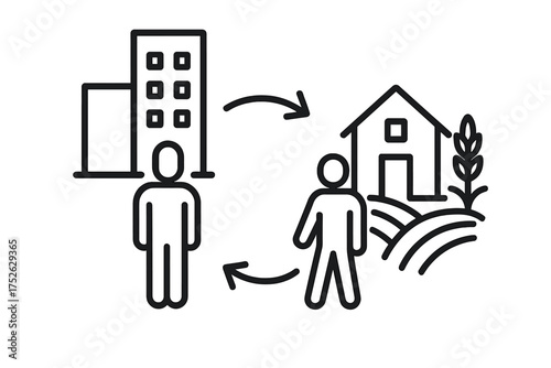 Urban to rural migration icon vector. Two people moving between city buildings and countryside farm. Lifestyle change concept with arrows. Thin line illustration of relocation and transition.