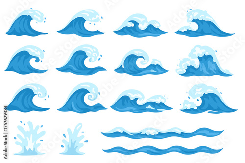 Mega set of water waves and ocean surges in flat graphic design. Collection of blue sea waves, splashes, swirls, foams, stormy wavy motions, fluid water droplets, ocean tide elements.