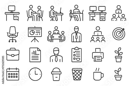 Workspace thin line icons set, corporate workplace and coworking space vector illustrations, business workflow symbols, office management outline pack, productivity and teamwork design