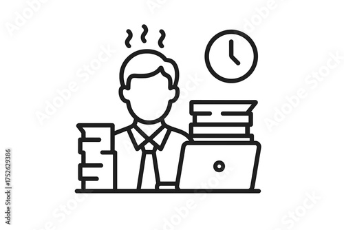 Work overload icon with thin line vector illustration showing task pressure, deadlines, workplace stress, and burnout concept with office work and time management