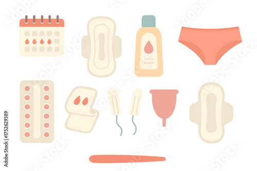 Women’s Menstrual Cycle Essentials Vector Set. Menstrual Period Calendar, Sanitary Pads, Tampons, Menstrual Cup, Birth Control Pills, Intimate Gel, Female Underwear Illustrations
