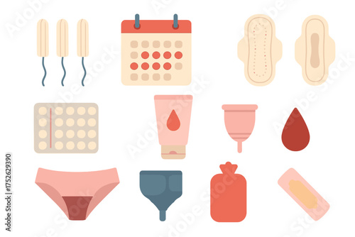 Women’s menstrual period set with tampons, sanitary pads, menstrual cups, birth control pills, calendar tracking, intimate gel, female underwear, and hot water bottle flat design illustration