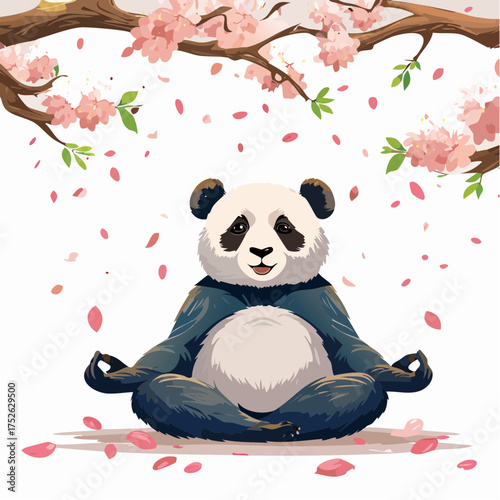 A peaceful giant panda finding serenity and mindfulness while meditating under a blossoming cherry blossom tree in springtime