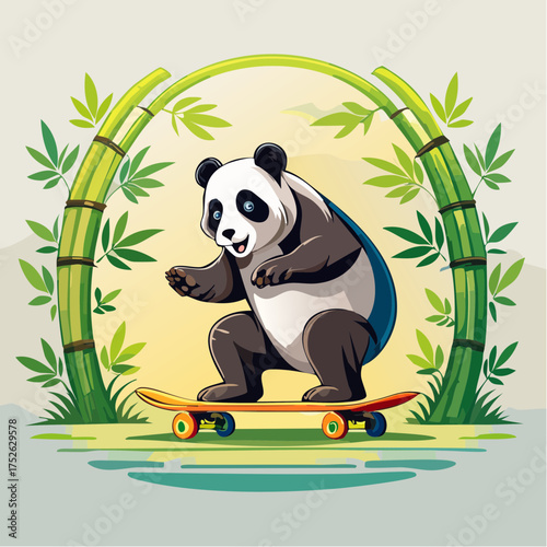 Playful cartoon panda bear skillfully riding a skateboard, set against a vibrant green bamboo arch, illustrating a whimsical outdoor adventure and active lifestyle