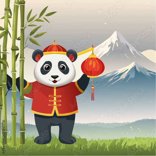 Adorable cartoon panda in traditional Chinese attire holding a red lantern amidst a serene bamboo forest and misty mountains