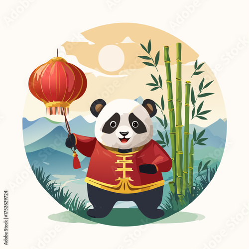 Cute cartoon panda bear sitting happily in a lush green bamboo forest illustration, a cheerful and adorable wildlife character in its natural habitat