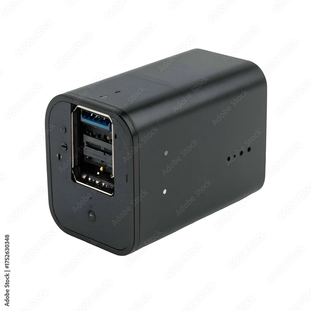 Obraz premium Black rectangular electronic device with multiple USB ports.