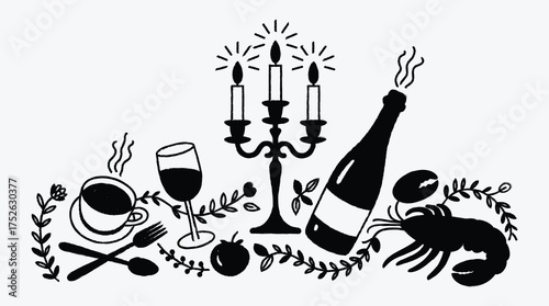 Celebratory Dinner Illustration with Lobster and Champagne Festive Doodle Art