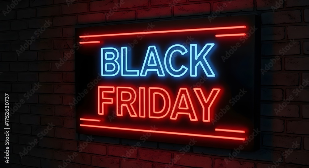 Obraz premium Black friday neon sign glowing in the dark, advertising big sales and discounts for the holiday shopping season, creating a festive and exciting atmosphere