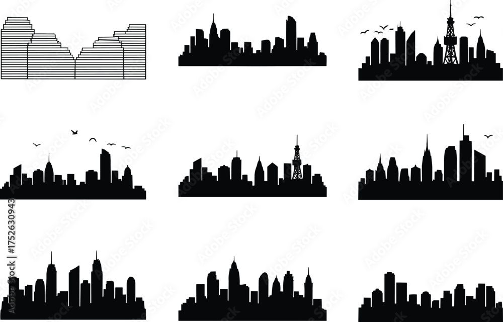 Fototapeta premium City skyline silhouettes vector set, urban landscape illustration, modern architecture design, black skyline icons, metropolitan buildings, graphic cityscape collection