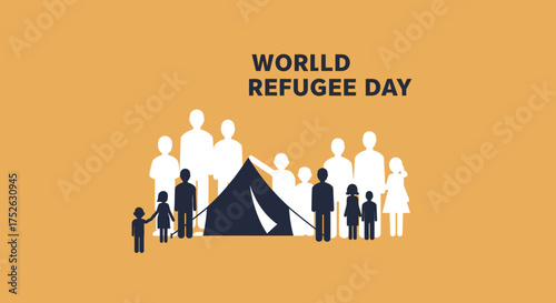 An image depicting World Refugee Day with silhouettes of people and a tent on a yellow background