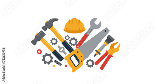 Cartoon tools hammers hard hat wrench saw brush pliers gears  fasteners arranged on a white background