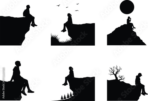 Cliffside silhouette vector illustration, person sitting alone, nature reflection, peaceful solitude, emotional mood, black and white minimalist outdoor scene, contemplative art