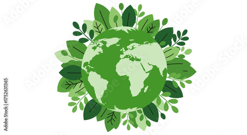 Green earth globe surrounded by varied lush green foliage against a white background