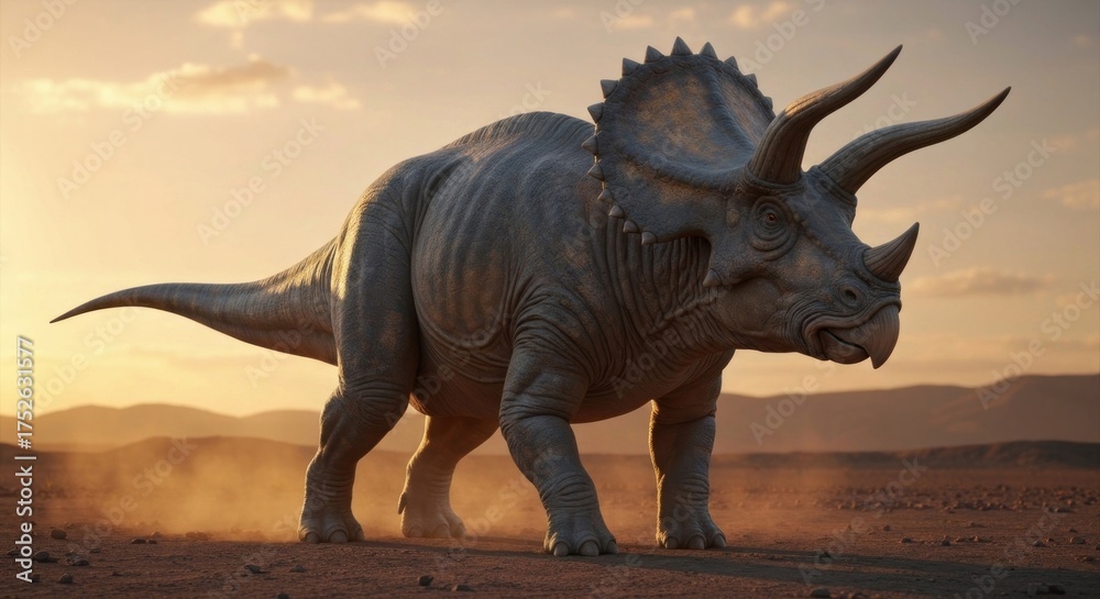 Fototapeta premium Triceratops dinosaur stands tall in arid landscape at sunset