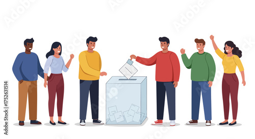 Group of 6 diverse people near ballot box one puts ballot in