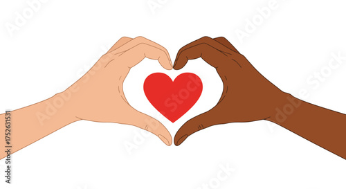 Hands light and darkskinned form a heart around a red heart