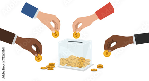 Hands dropping coins into donation box surrounded by stacks of coins