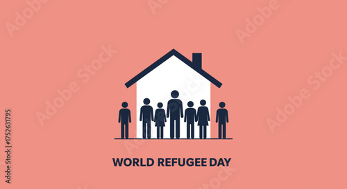Silhouetted family stands under a house icon commemorating World Refugee Day on a light coral backdrop