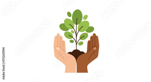 Two hands of different skin tones hold a plant in soil symbolizing care and growth