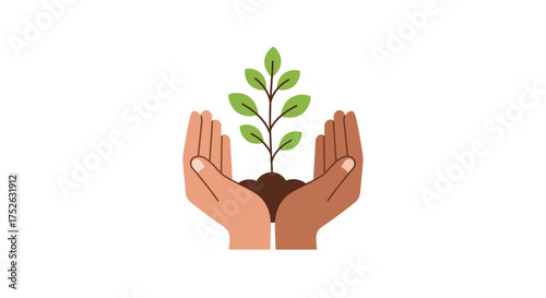 Two hands of different skin tones cradle a small green plant growing from dark soil