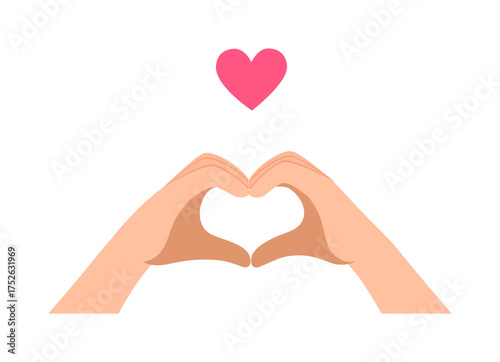 Hands forming heart shape with pink heart on top in flat design vector illustration