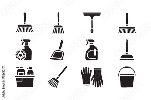 Vector cleaning tools icons for housekeeping, hygiene, and sanitation design
