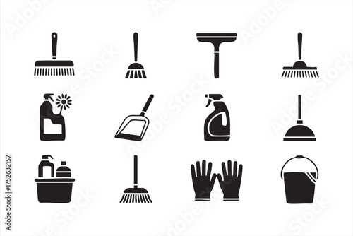 Black silhouette of cleaning equipment and supplies for professional services
