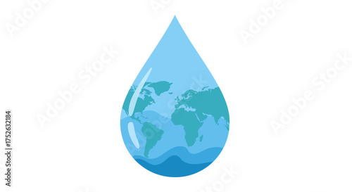 Water droplet with a teal world map outline inside against a white background