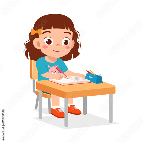 Cute Asian Girl Writing in Notebook Smiling Sitting at Desk Illustration Studying