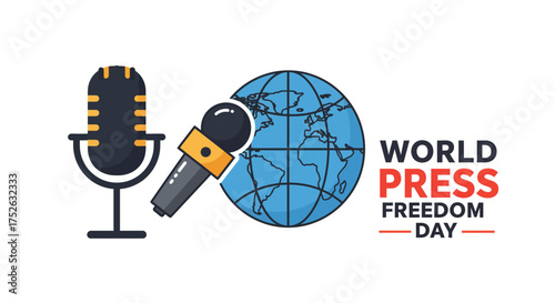 World Press Freedom Day features a globe microphones and text