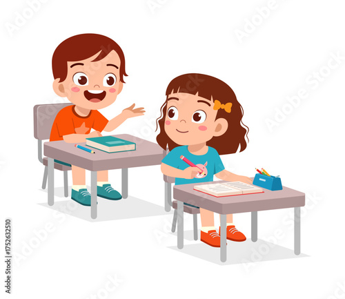 Two happy kids studying at desk with book and pencil smiling at school cartoon illustration