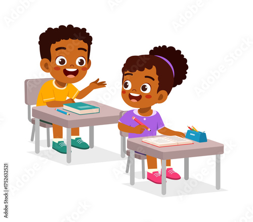 African Students Smiling Boy Talking to Girl While Studying at Desk with Book and Pencil