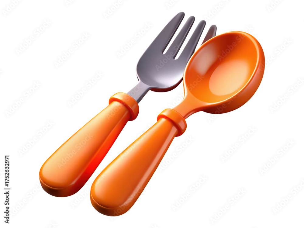 Fototapeta premium Stylized 3D Rendered Fork and Spoon with Orange Handles on Transparent Background